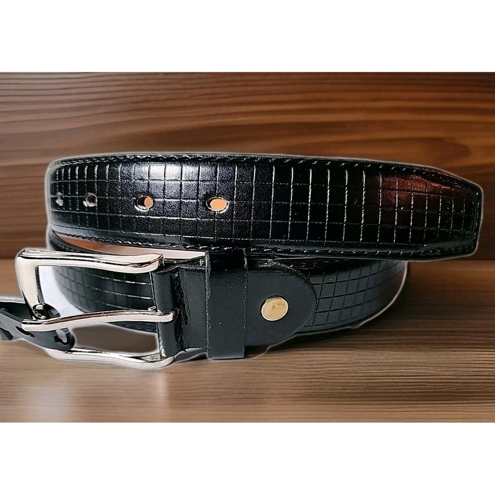 New Men's 2XL 46/48 Black‎ Grid Pattern Modern Leather Belt  Silver Buckle NWT
